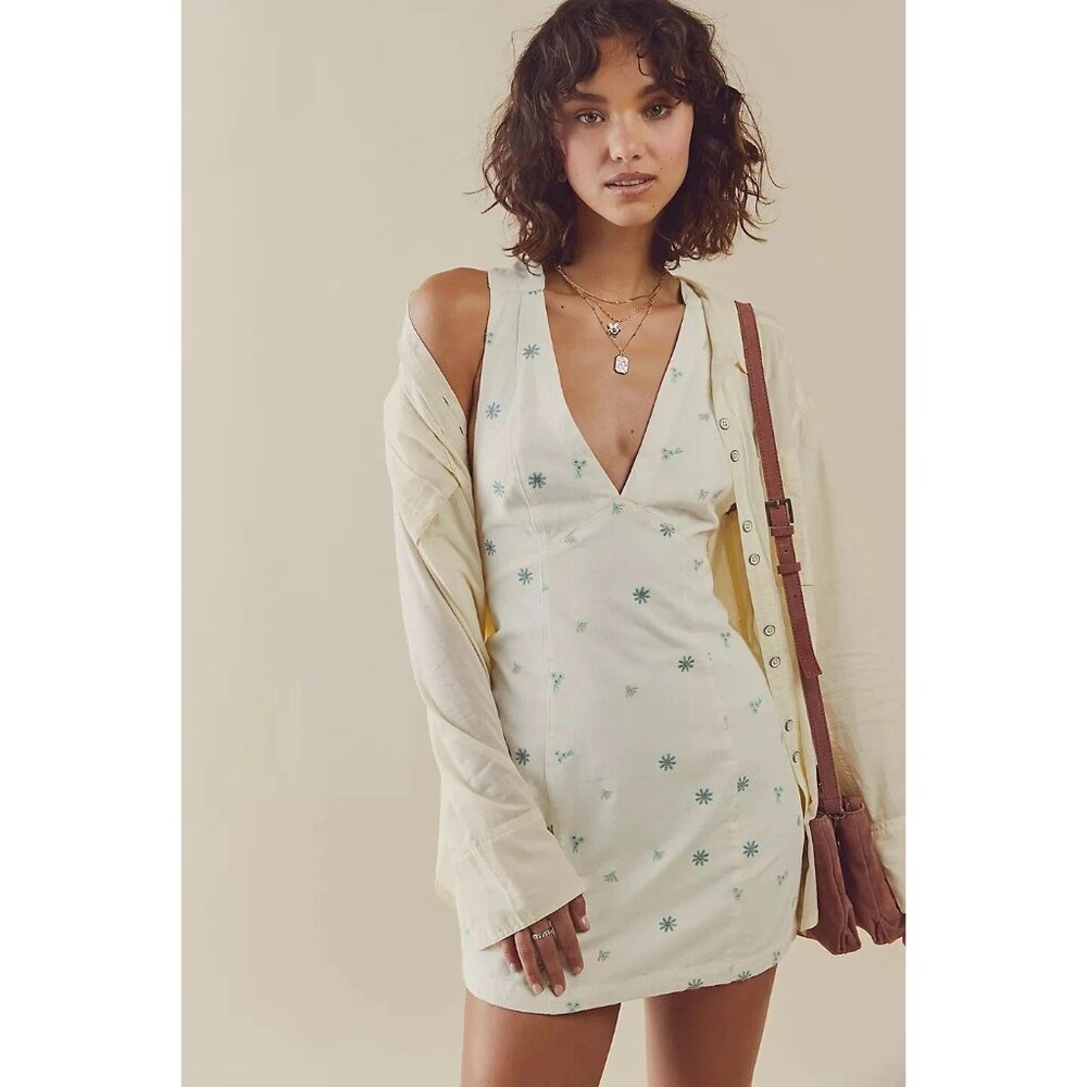 Free People Corinne Denim Shift Floral Mini Dress M